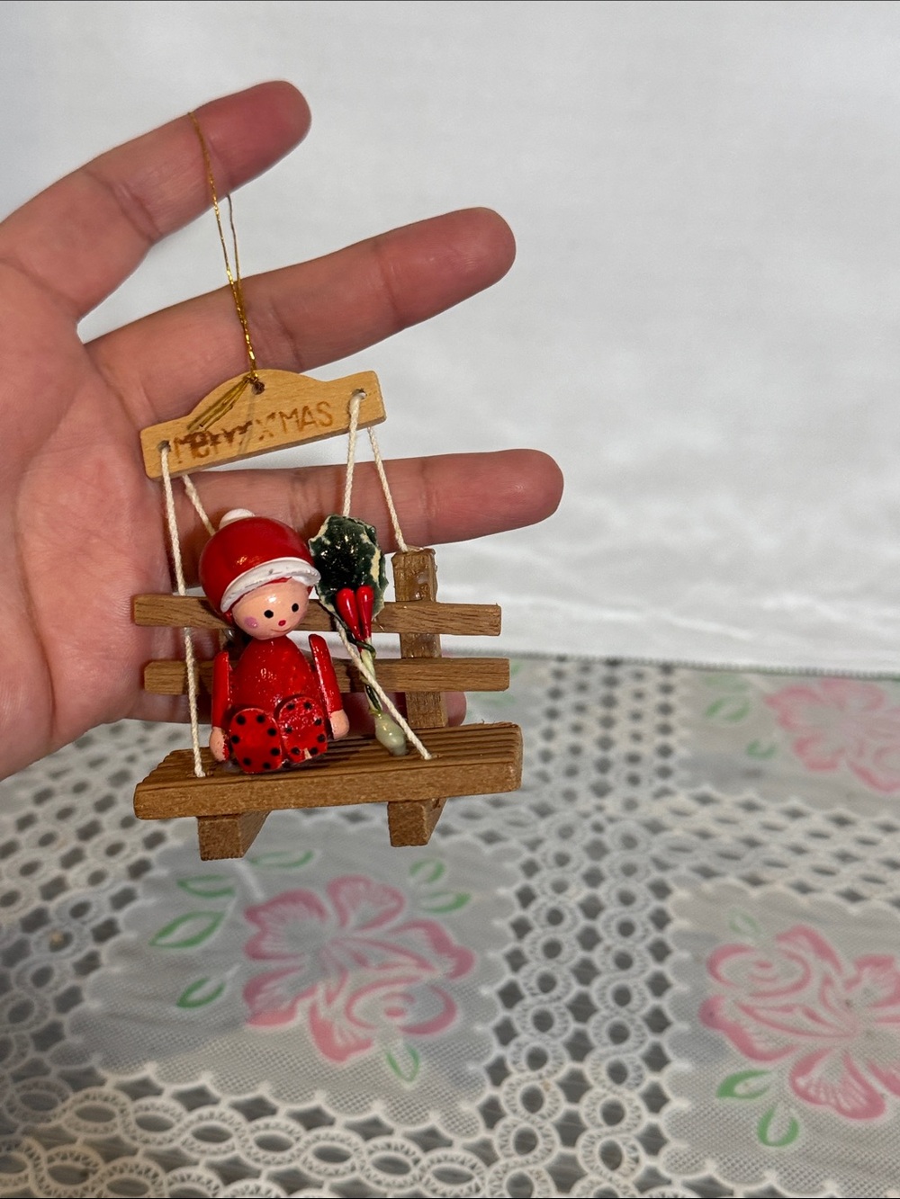 Vintage Wooden Christmas ornament Merry Xmas kid On Swing made in Taiwan